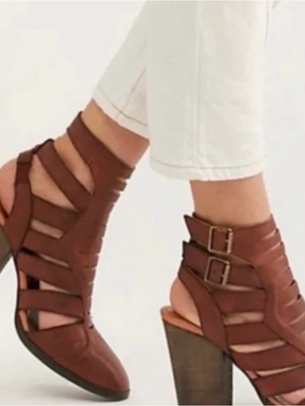 Free People Brown Hayes Block Strappy Block Heel Booties chunky wood